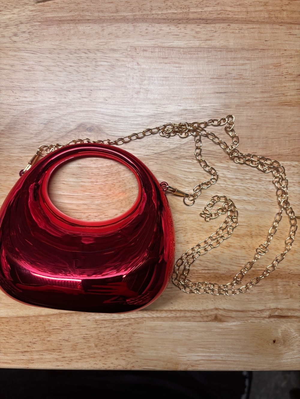 Mini Shiny Red Metallic Mini Purse with Gold Chain Strap